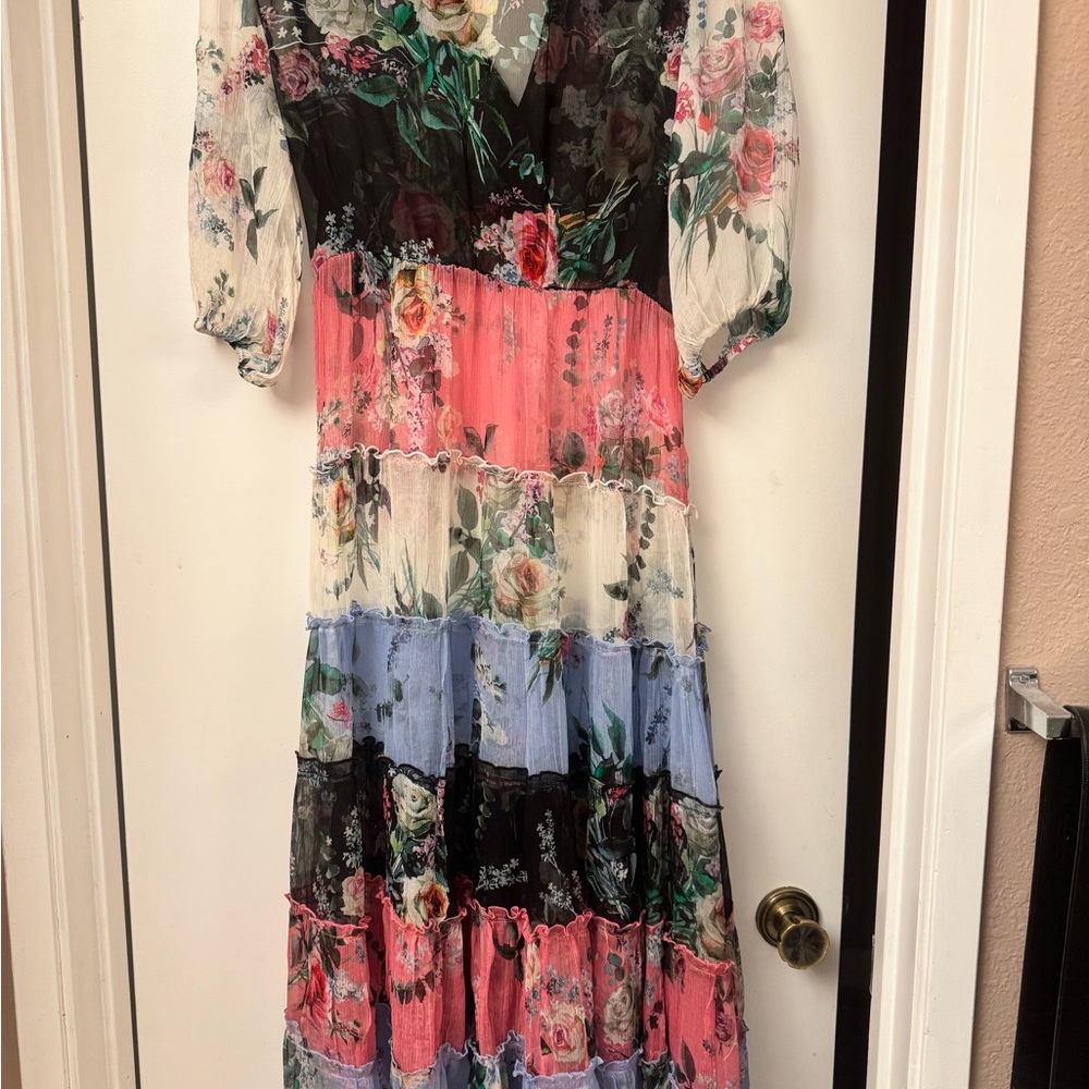 Johnny Was Floral Tiered Midi Dress in Coral, Blue, Cream & Black